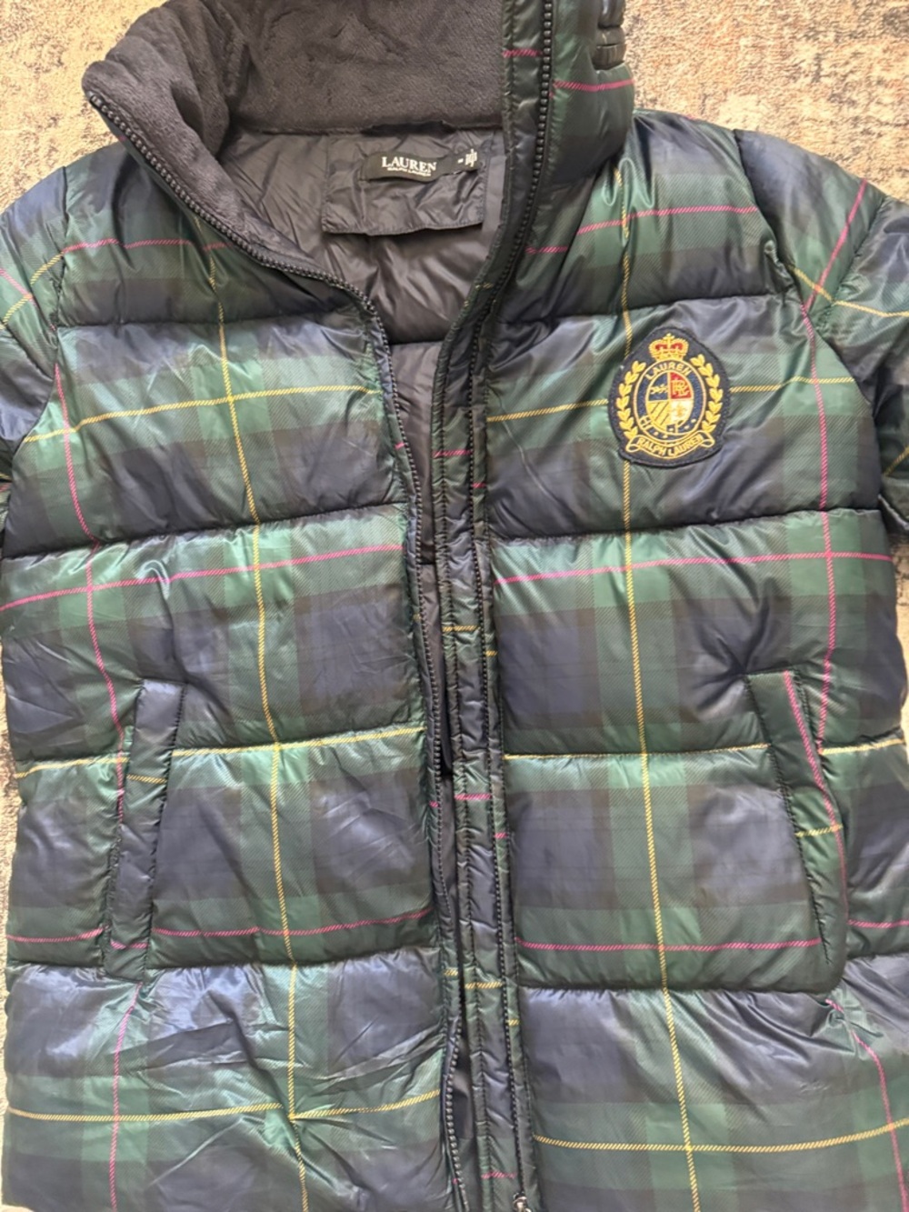 Lauren Ralph Lauren Navy and Green Plaid Puffer Jacket